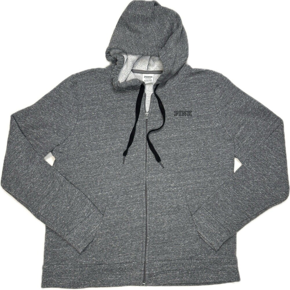 Victoria's Secret PINK Hoodie Full Zip Large Gray Pockets Logo Athleisure Active